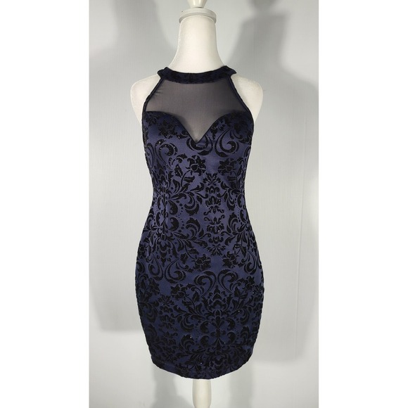 Honey & Rose Halter Mini Dress Party Cocktail Bodycon Floral Velvet Navy Blue - Picture 4 of 9